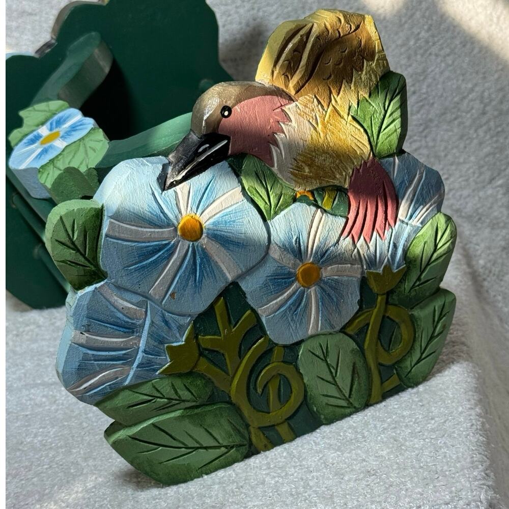 Vintage Hand Carved Wooden Basket Hummingbirds Flowers